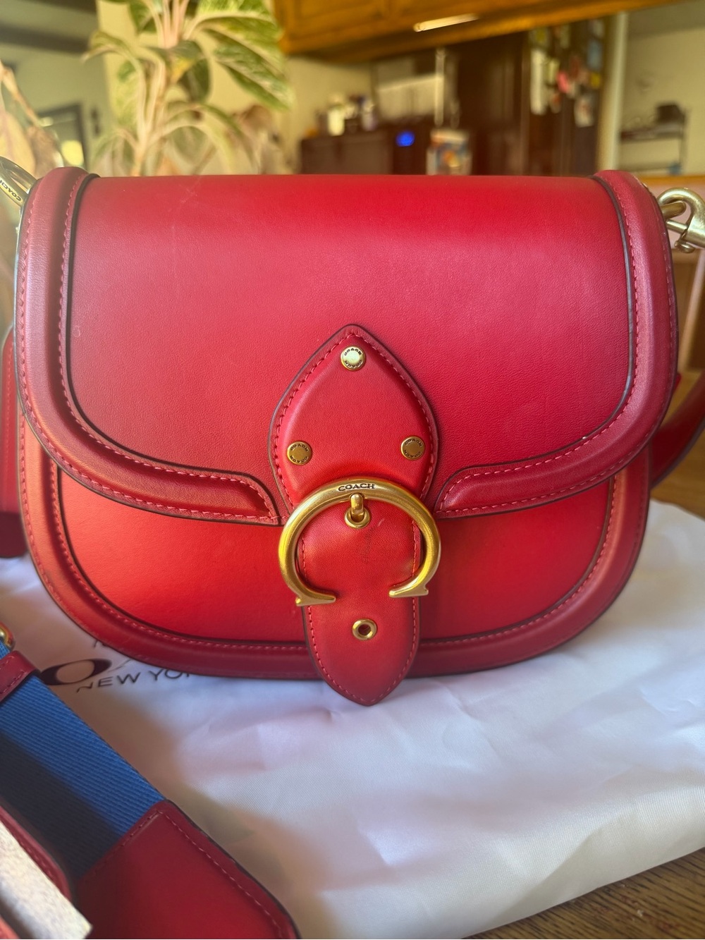 Coach Red Leather Saddle Crossbody with Gold Ring Hardware